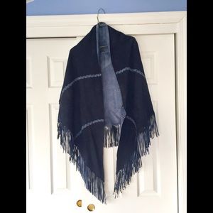 Suede laser cut,  fringed reversible shawl.